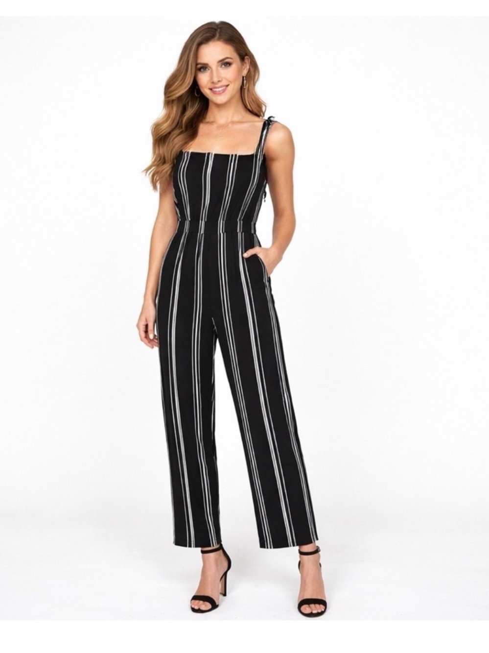 Forever 21 Black and White Vertical Stripe Tie-Shoulder Jumpsuit